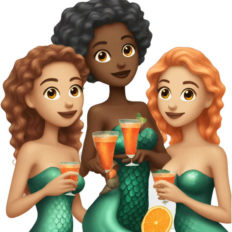 Three beautiful mermaids light skin drinking aperol emoji