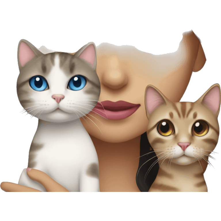 woman with long dark hair, pink lips,and blue eyes holding a tabby cat emoji