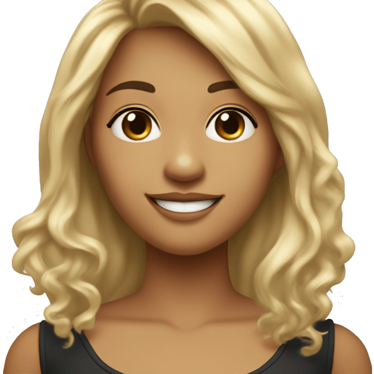 A woman that is smiling and has heart eyes. Her front teeth have a large gap in between it. Her hair is long and wavy with rectangle bangs. Her hair is asymmetrical half blonde on one side half black on the other.  emoji