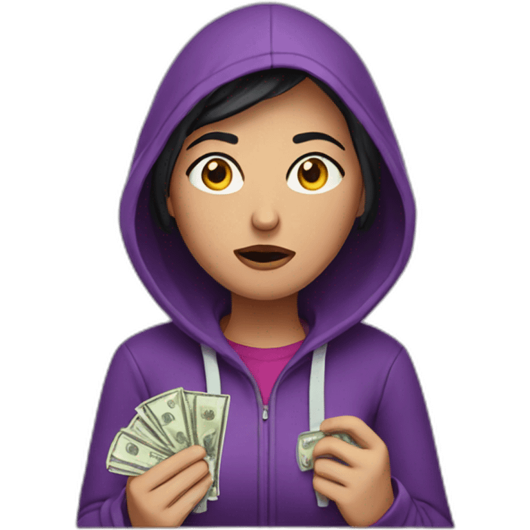 Armenian woman with purple hoodie and unhappy face and lost money emoji