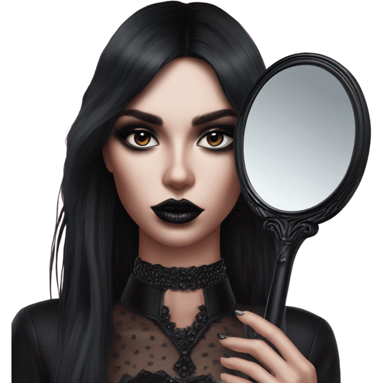 Hyper Realistic Goth victoria secret model looking into a handheld mirror  emoji