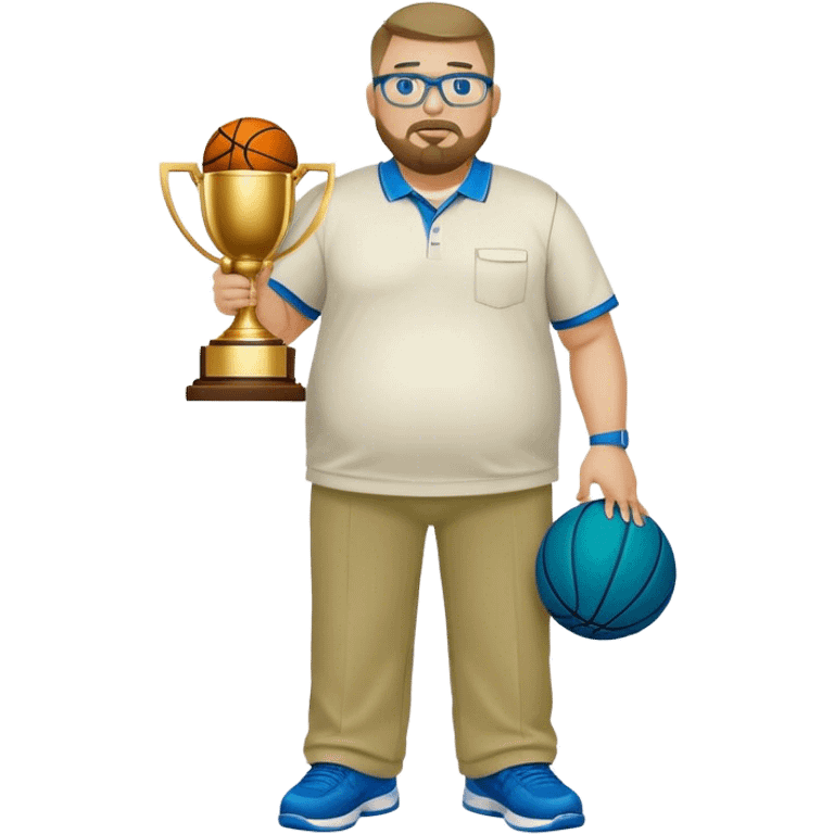 full body white obese male basketball coach with trophy. Goatee , Wearing glasses and blue and green polio with khaki pants emoji