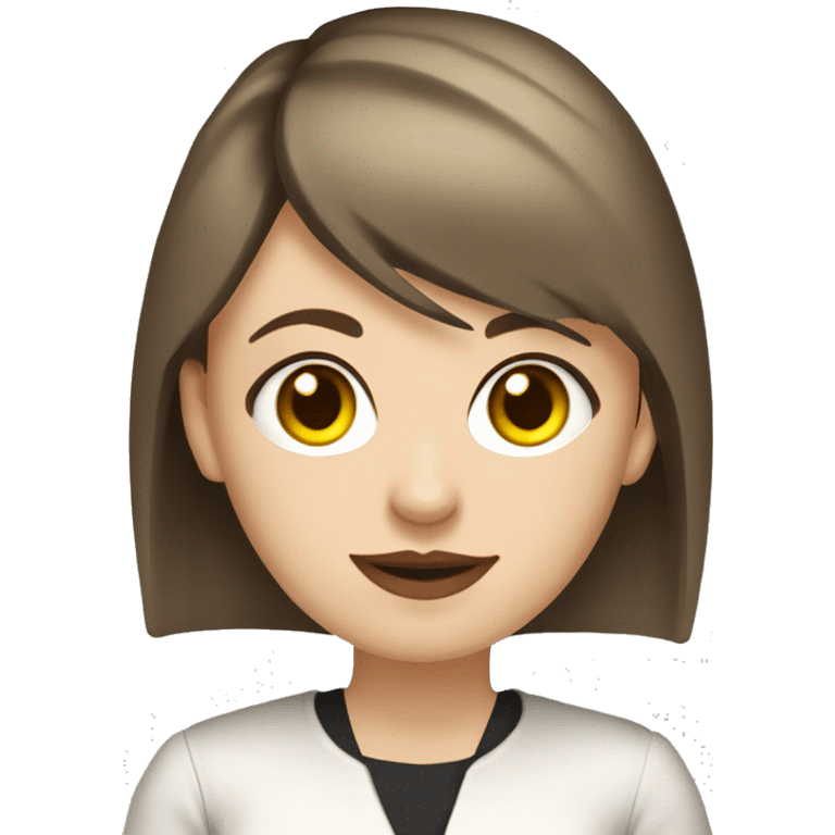 Slavic woman with blue eyes, fair skin, straight gradient brown hair with yellow streaks, medium bob cut, goth eyes makeup, beige lips, dressed in white T-shirt and office black jacket. emoji