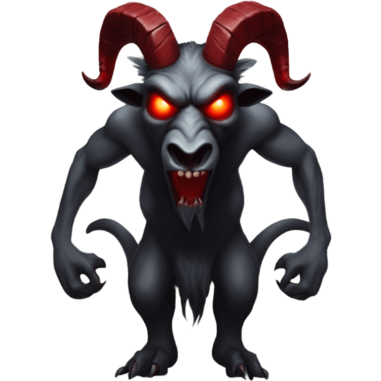 Evil Goatman male Devil sinister with red tipped horns standing with goat hind legs on pyramidal pillar  aura of darkness he is commanding sinister evil power emoji