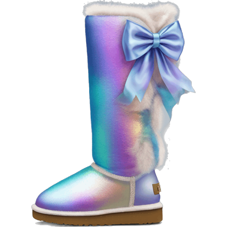 Tall Pair of iridescent fur Ugg boots with silk ribbon bow. emoji