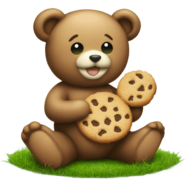 Cute Teddy bear eating a cookie sitting on grass emoji