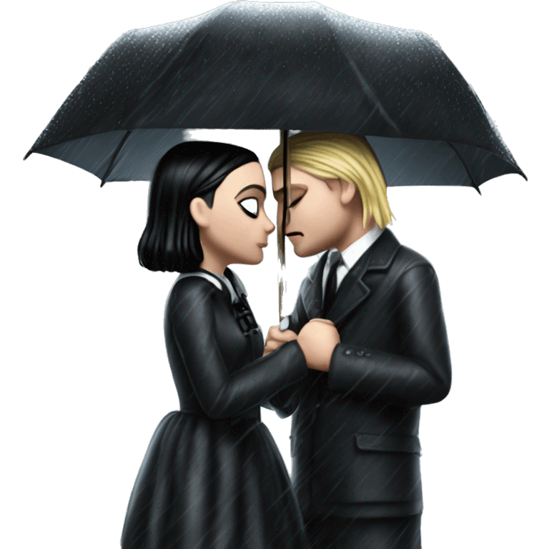 Realistic silkstone Wednesday addams kissing sweetly Kurt Cobain in the rain. emoji