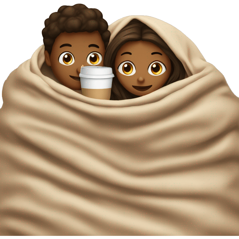 TAN SKIN GIRL AND BROWN SKIN BOY inside a blanket sipping coffee emoji