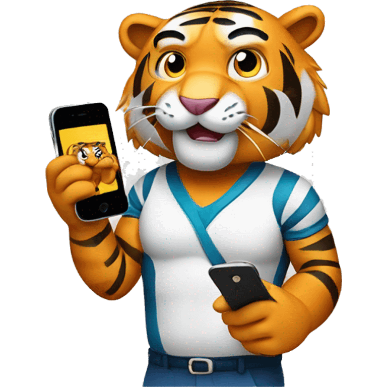 Tiger with cell phone in hand emoji