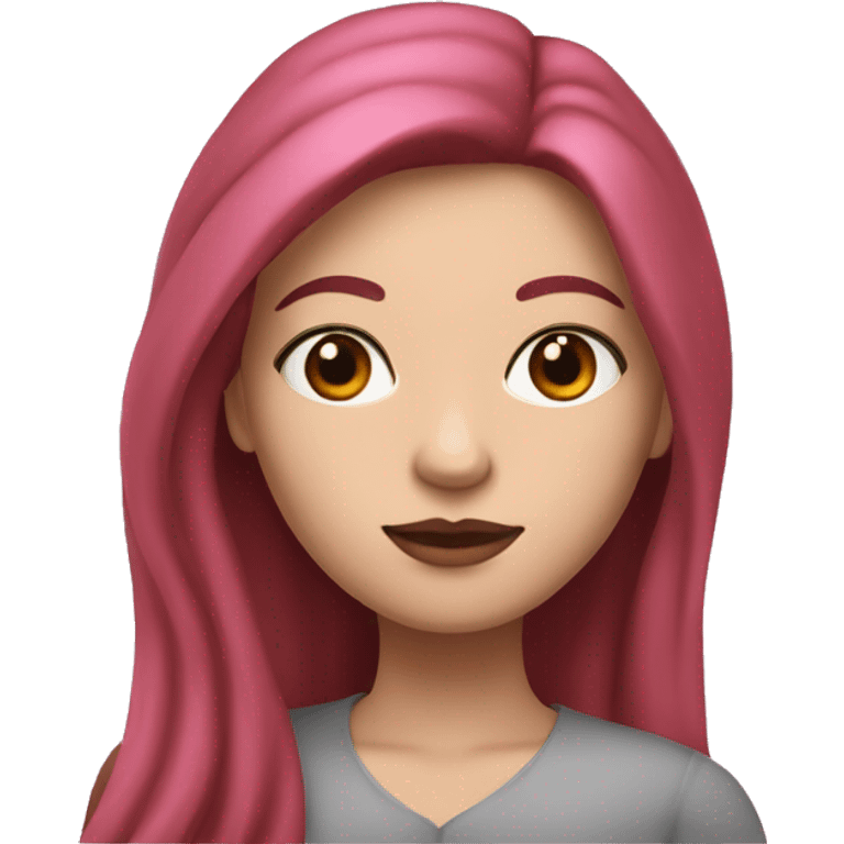 Woman with a white skin that has Long Dark red hair and brown eyes with an eyeliner and lashes coding on a pink macbook emoji