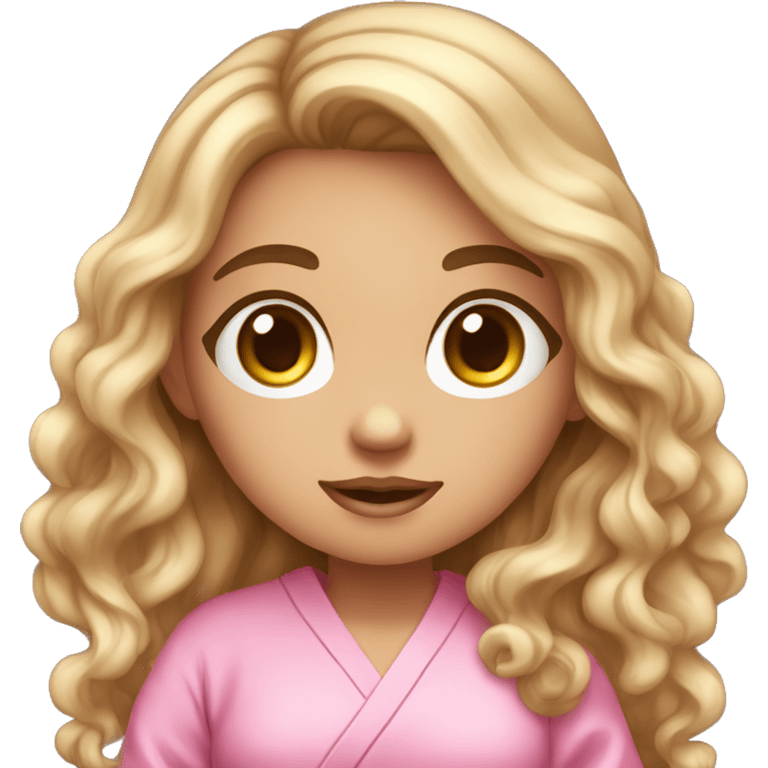 emoji reaction very cute female with long dark brown wavy hair and very large eyelashes with big eyes and cute with little body wearing a pink robe and holding a shampoo in her hand emoji