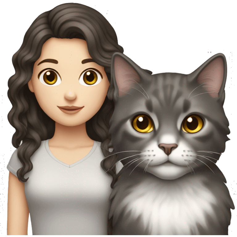 A White girl with wavy dark brown hair and a grey cat emoji