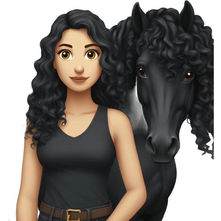 White girl, black shirt, long black curly hair, standing next to  black arabian horse emoji