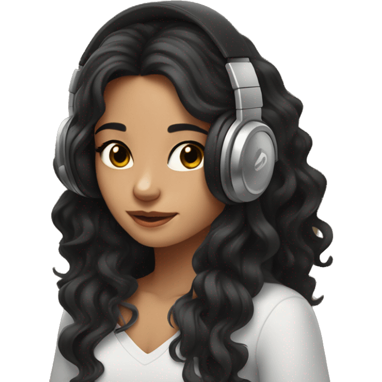 Girl with brown eyes and long black wavy hair listening music with marshall headphones emoji