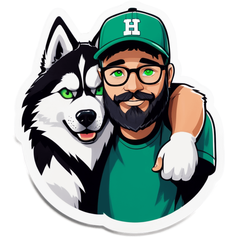 A bold man with a grey baseball cap, green eyes, big beard and glasses hugging a husky emoji