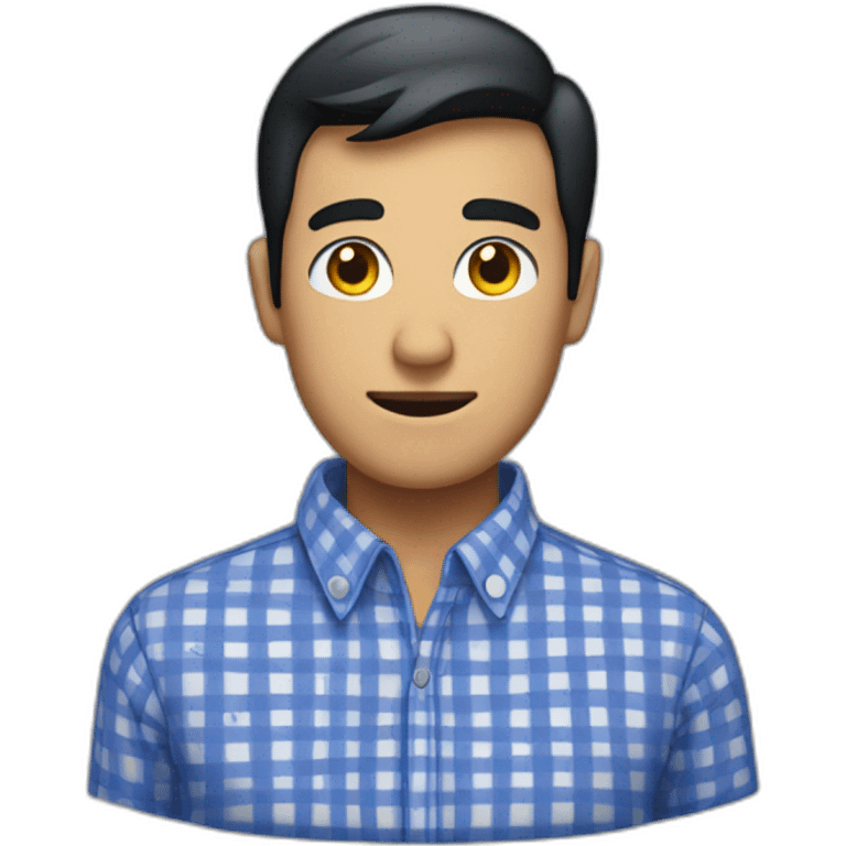 Tan man with short black hair and a gingham white/dark blue buttoned collar shirt emoji