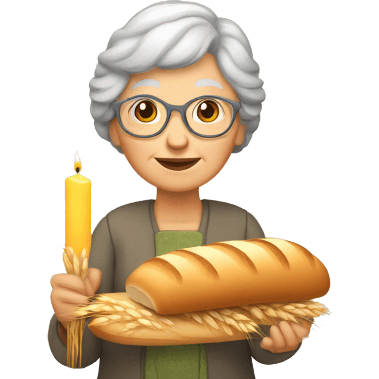 Granny with candle, bread and wheat emoji