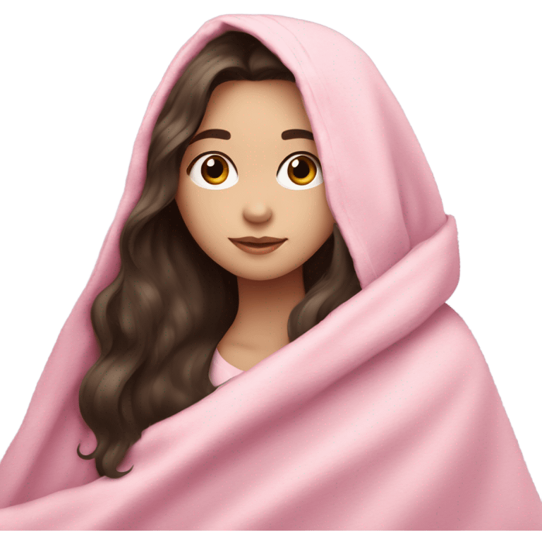 girl with long dark brown hair with pale skin cuddled in a pink blanket emoji