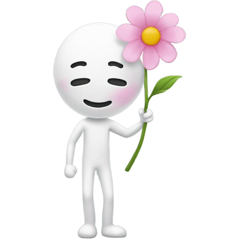 A white stick man that has a super hapy face and is blushing holding a cute small pink flower emoji