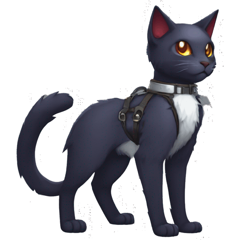 cool edgy fantasy dark-shadow-themed animal vampiric cat hybrid Fakemon  with a harness and collar full body emoji