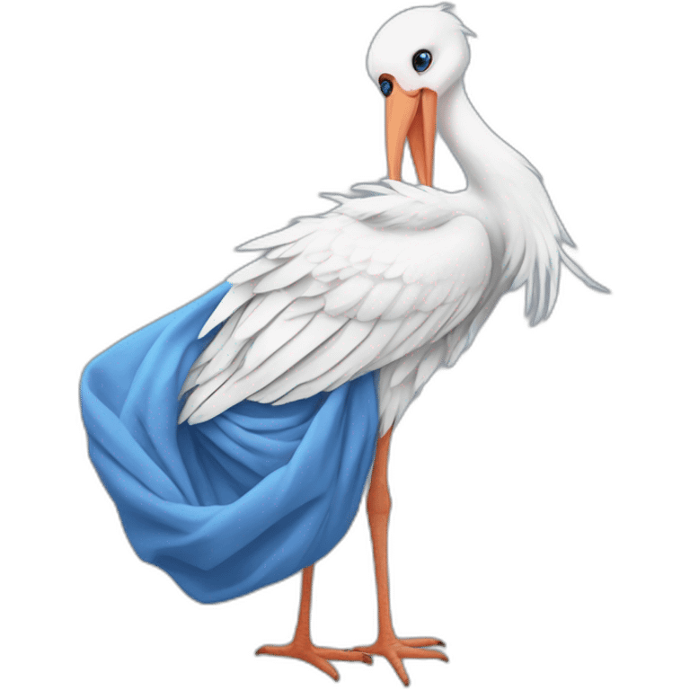 White stork carrying a blue bundle of cloth in its big beak that has a cute human person cute baby boy inside and his head is peeking from the fabric the strok is carrying in its beak emoji