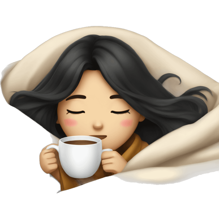 Asian girl inside a blanket sipping coffee eyes closed black hair emoji