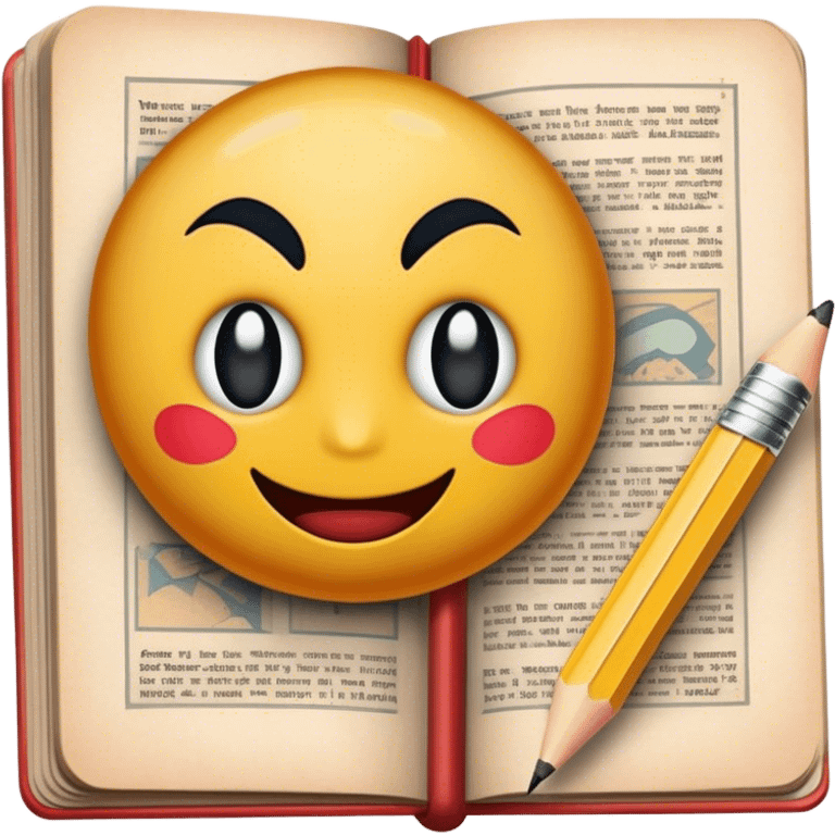 Create a detailed emoji representing the process of writing texts for comic books. The design should feature a large, open comic book with vintage comic strips visible on its pages. A pencil should be shown writing text on one of the comic panels, but without a hand. The pencil should appear as though it is actively creating the dialogue or narration. Use a classic color palette with muted tones for the comic book and brighter accents on the pencil to draw attention to the writing process. Do not include any emojis or smiley faces. Make the background transparent. emoji