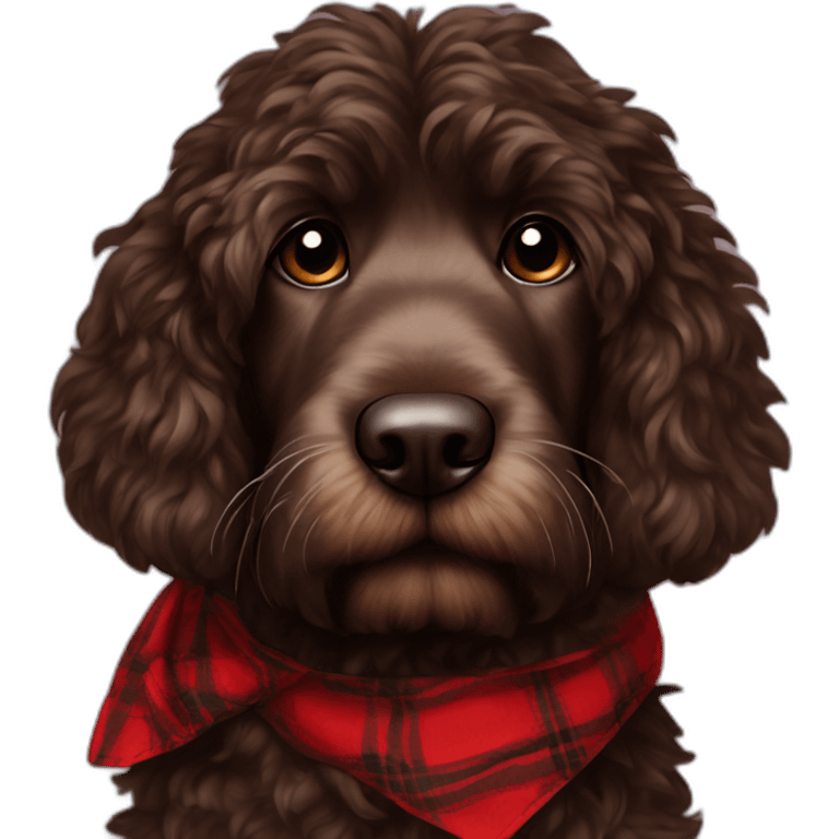 portrait Dark chocolate colored doodle with wavy fur wearing a red and black flannel handkerchief emoji