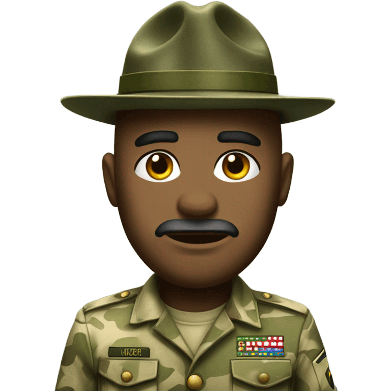 commanding drill sergeant character wearing a classic sergeant hat and a camouflage army shirt. The character should have an intense expression, exuding authority emoji