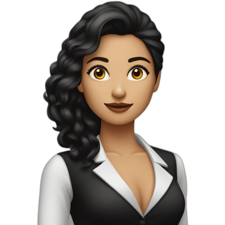 mujer de piel morena ojos marrones pelo largo negro con traje formal negro emoji