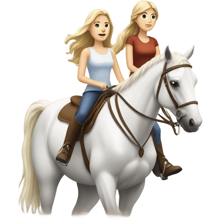 Two white girls riding two horses emoji