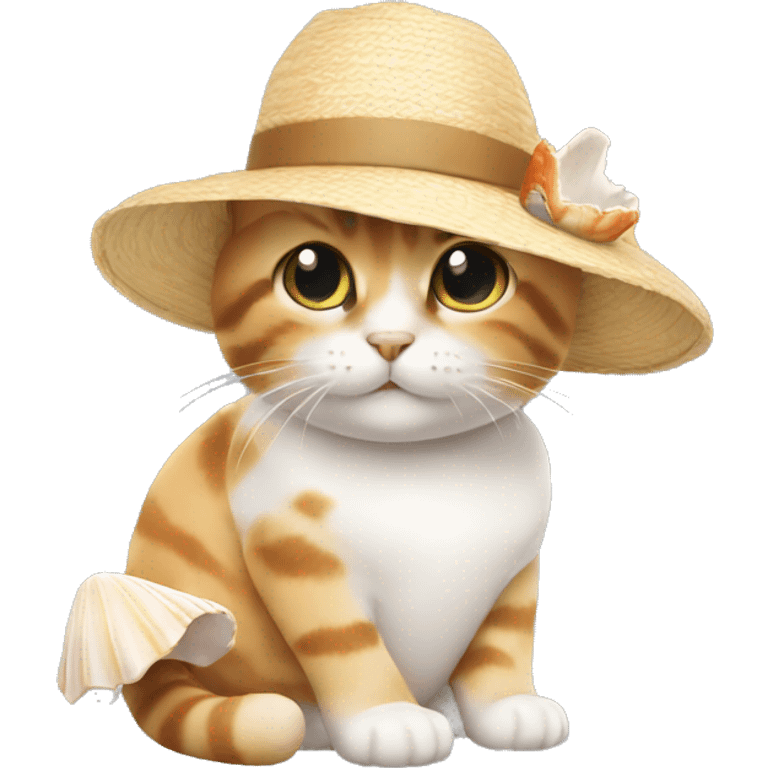 A cat holding a seashell in its hand and wearing a sun hat  emoji