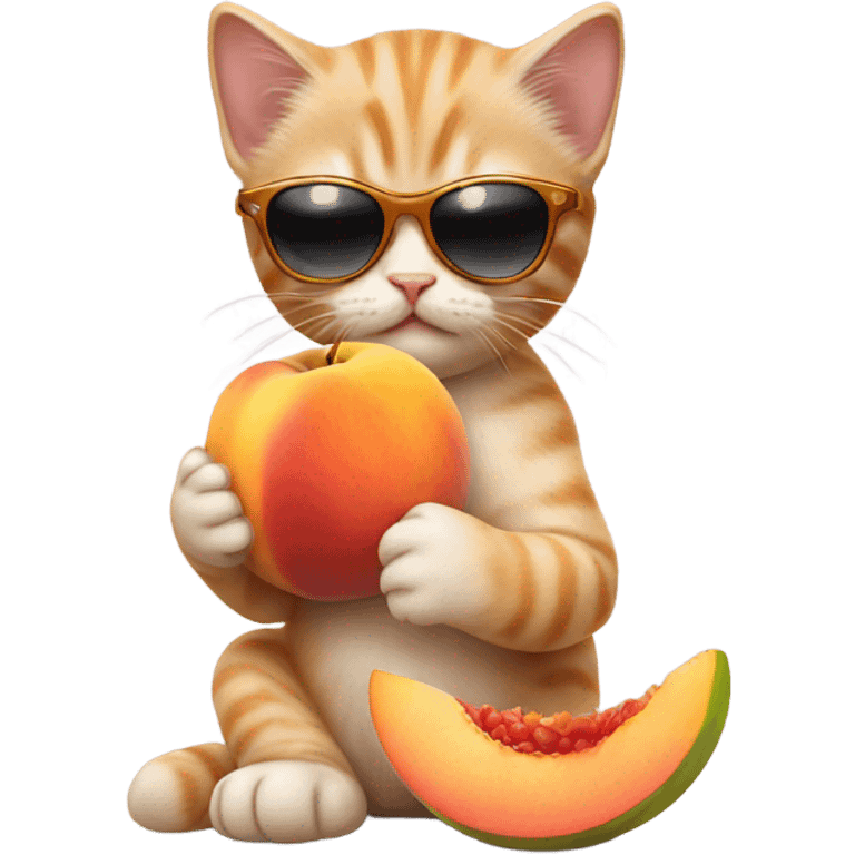 Cute kitten with sunglasses eating a peach emoji