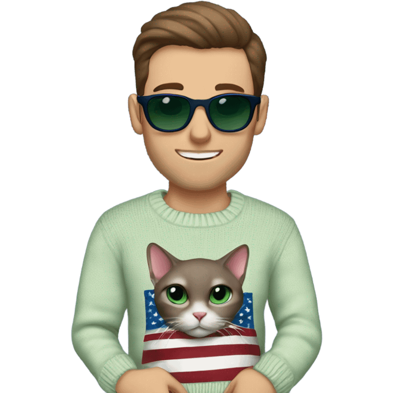 Brown hair handsome man wearing designer sunglasses. He has blueish green eyes. He is holding a hairless cat. His sweater is navy with an American flag sweater emoji