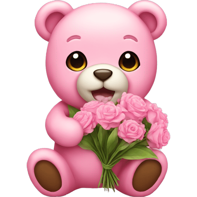 Pink cute teddy holding flowers emoji