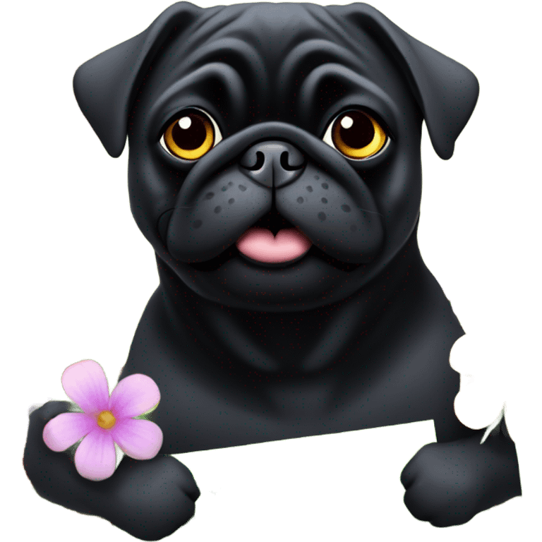 Black pug , surrounded by flowers, holding a green sign that says “good luck”  emoji