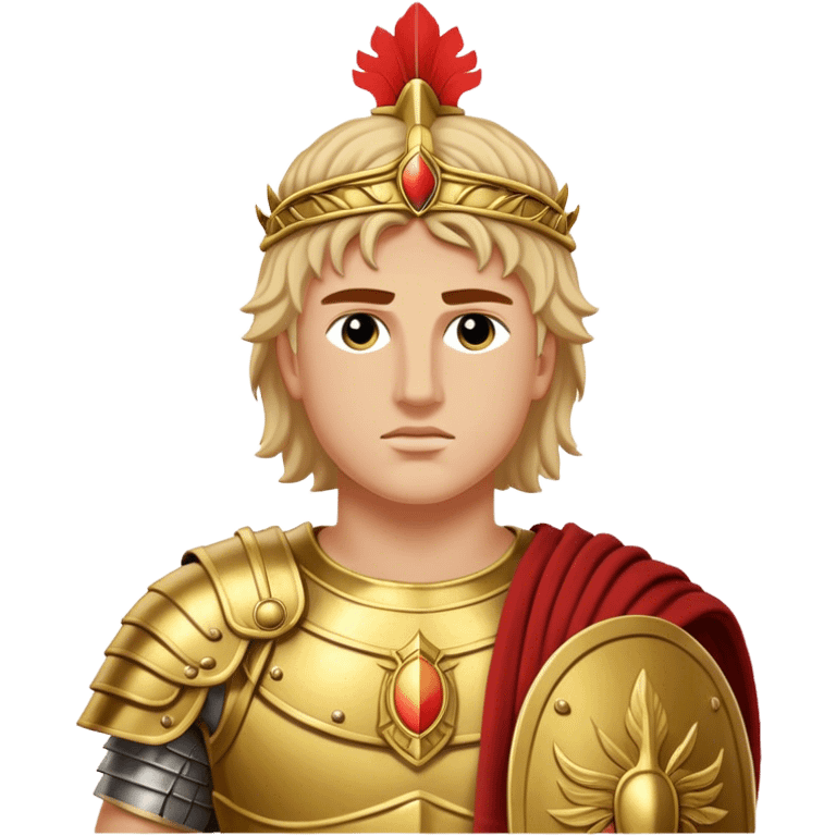 Cinematic Realistic portrait of Alexander the Great, depicted with photorealistic detail as a commanding historical conqueror, featuring sharp, lifelike facial features, meticulously rendered ancient Macedonian armor, and a laurel wreath, illuminated by natural, dramatic lighting that highlights his youthful determination and legendary presence. emoji