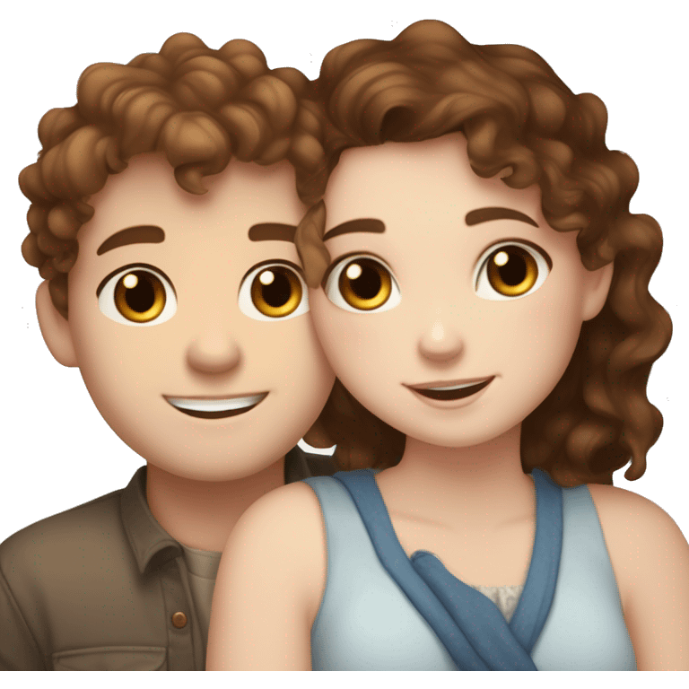 Cute chubby Girl with brown curly hair and blue eyes and pale skin with freckles hugging a tall handsome boy with brown hair brown eyes and white skin emoji