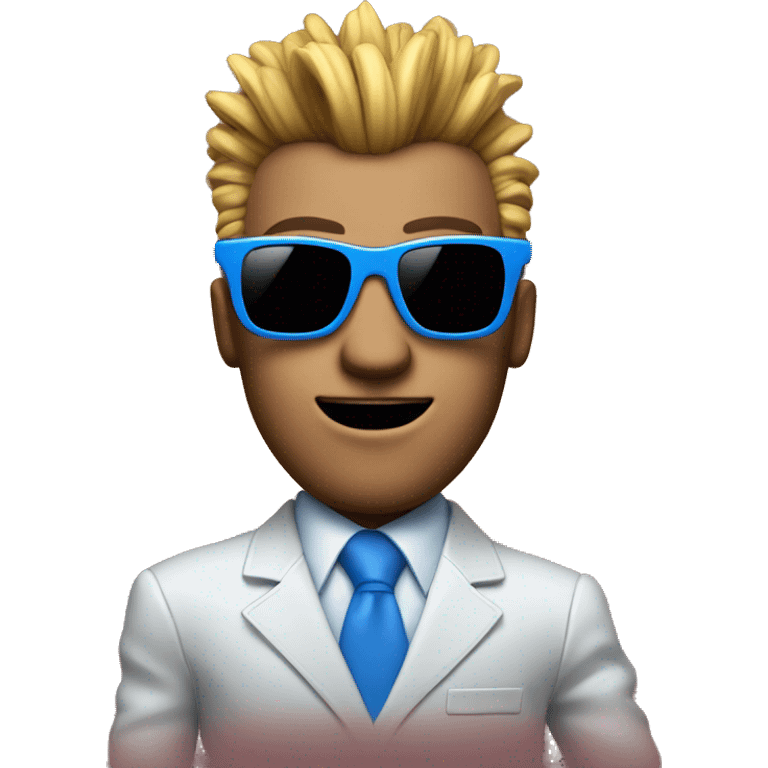 A man is dancing in a blue suit with square sunglasses on his head and a mohawk with a boombox emoji