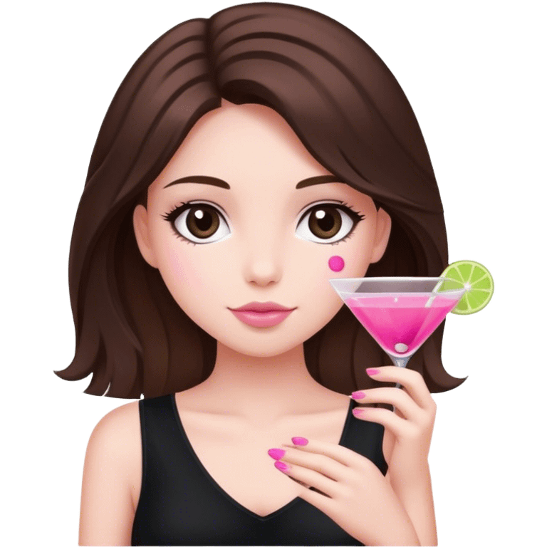 brunette hair down girl black top holding a pink cosmo emoji