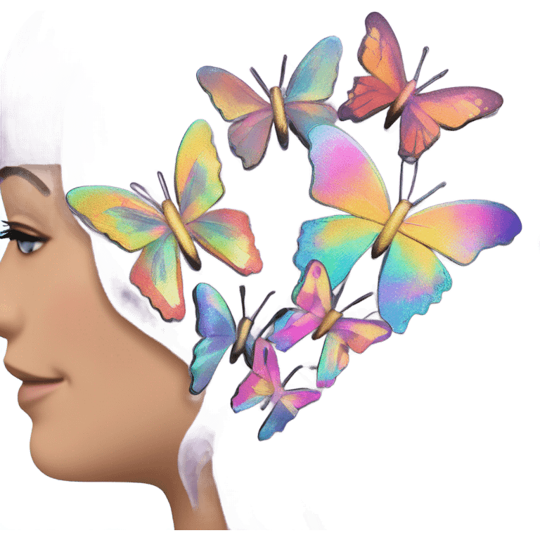 Butterfly Hair Clips – A cluster of holographic butterfly clips scattered in messy, colorful hair. emoji