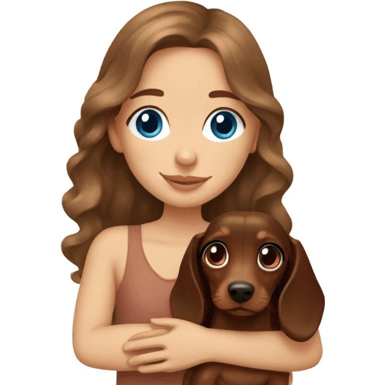 Brown long wavy hair blue eyes girl cuddling a small brown dachshund emoji