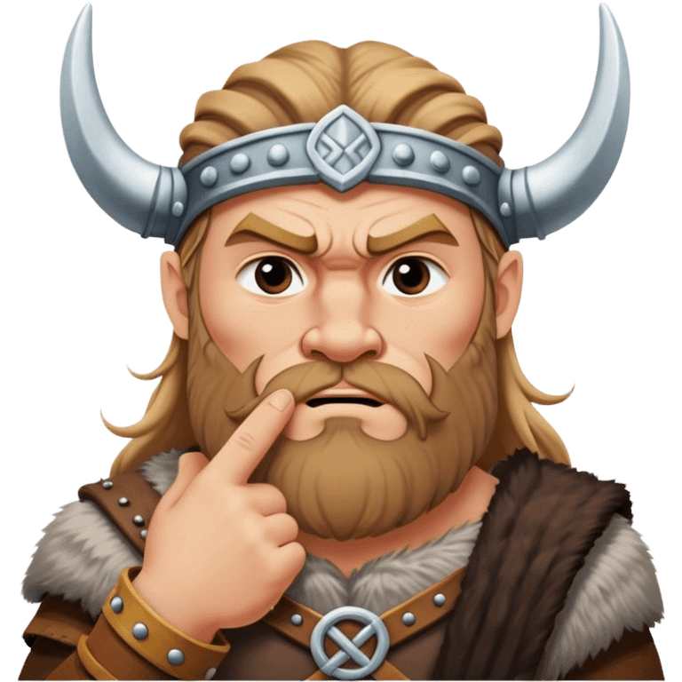 surprised viking face with furrowed eyebrows looking upwards with thumb and index finger resting on its chin. emoji