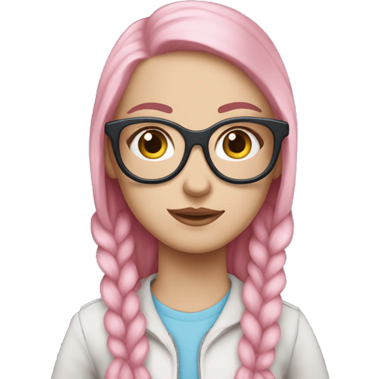 White girl with blue eyes pink hair and clear glasses cutesy emoji