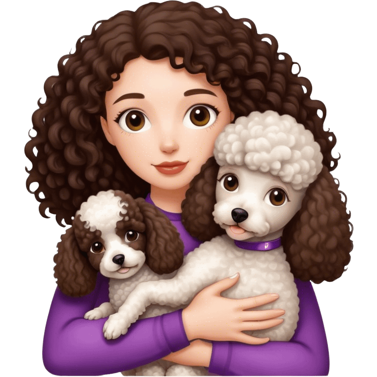 create a white curly haired girl (the hair is dark brown) hugging her poodle mini dog  emoji