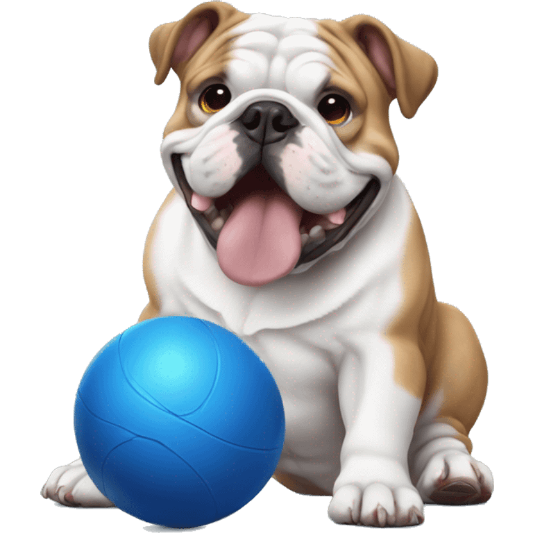 English bulldog playing with big blue ball emoji