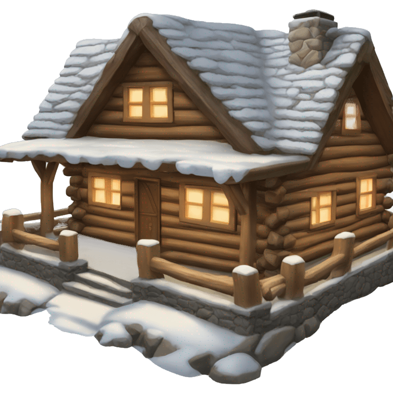 Snowy log cabin with a stone chimney, decorated for Christmas  emoji