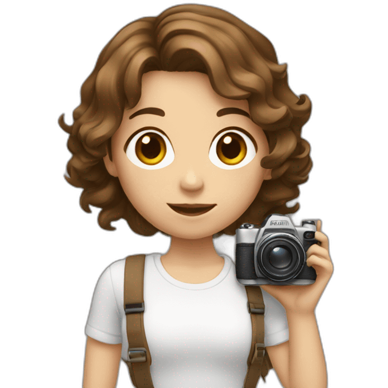 girl with short wavy brown hair, holding a camera emoji