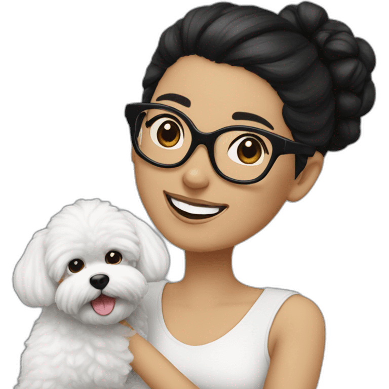 woman-black hair-bun-with glasses-with bichon dog-white-smile emoji