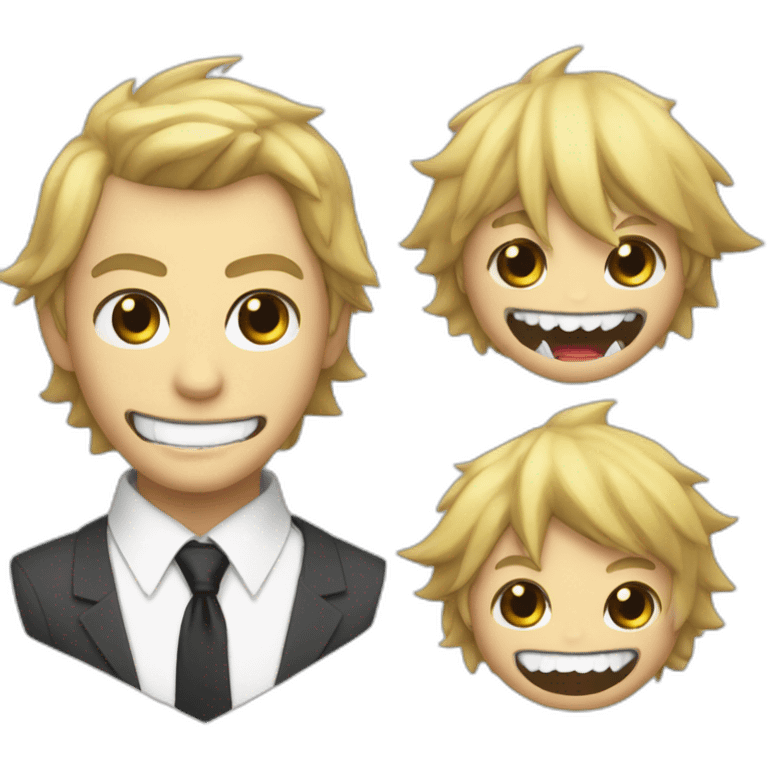 Denji with his blond hair in a shaggy style, brown eyes, with his shark teeth, is smiling evil and with a shirt with a black tie but without a suit from chainsawman emoji